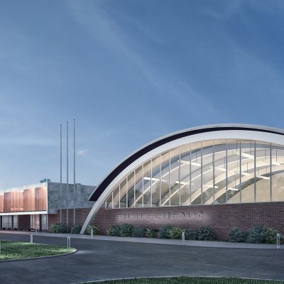 Trinity Exterior w arched roof 150 mm 400x400 Catholic Academy of Stamford & Trinity High School Partners For Architecture